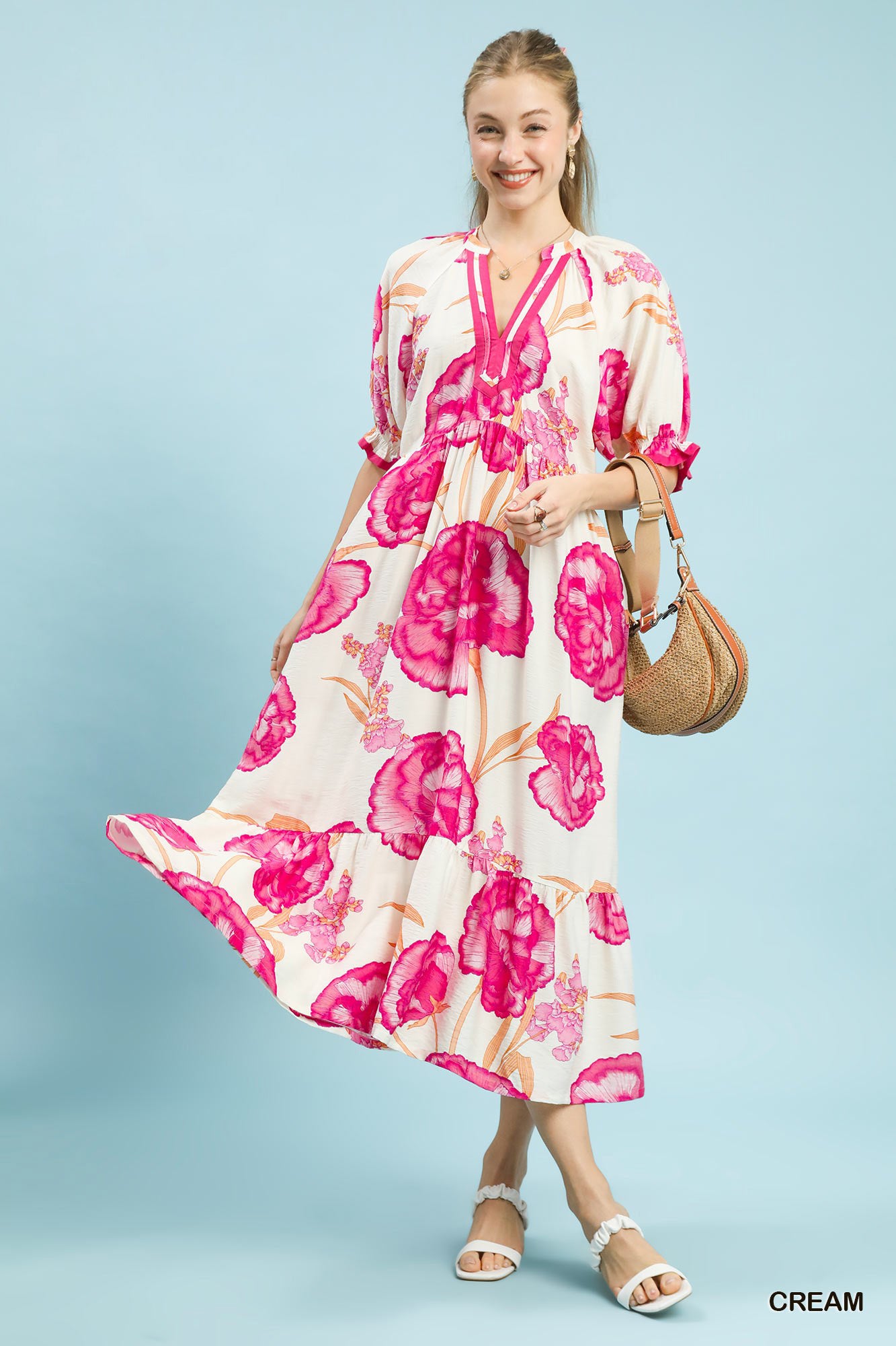 Umgee Floral Print Midi Dress with Contrast Trim  Boho Fringe