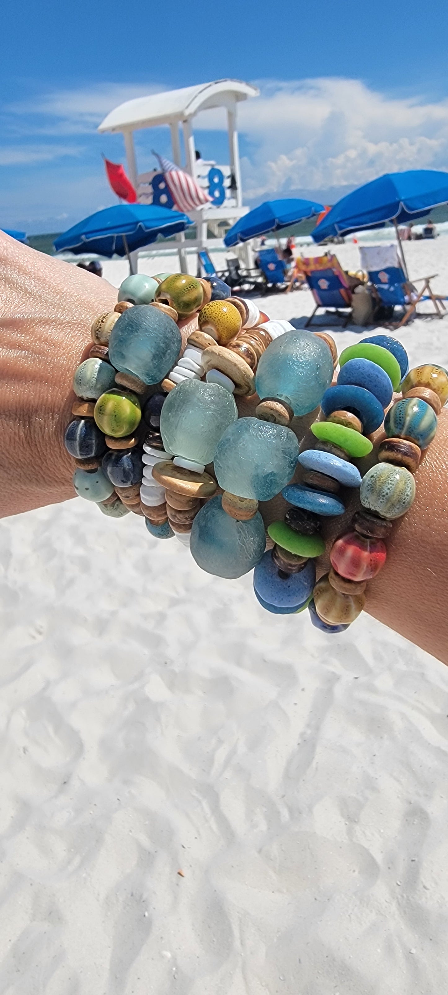 Blue and Green Glass Saucer Bead Bracelet