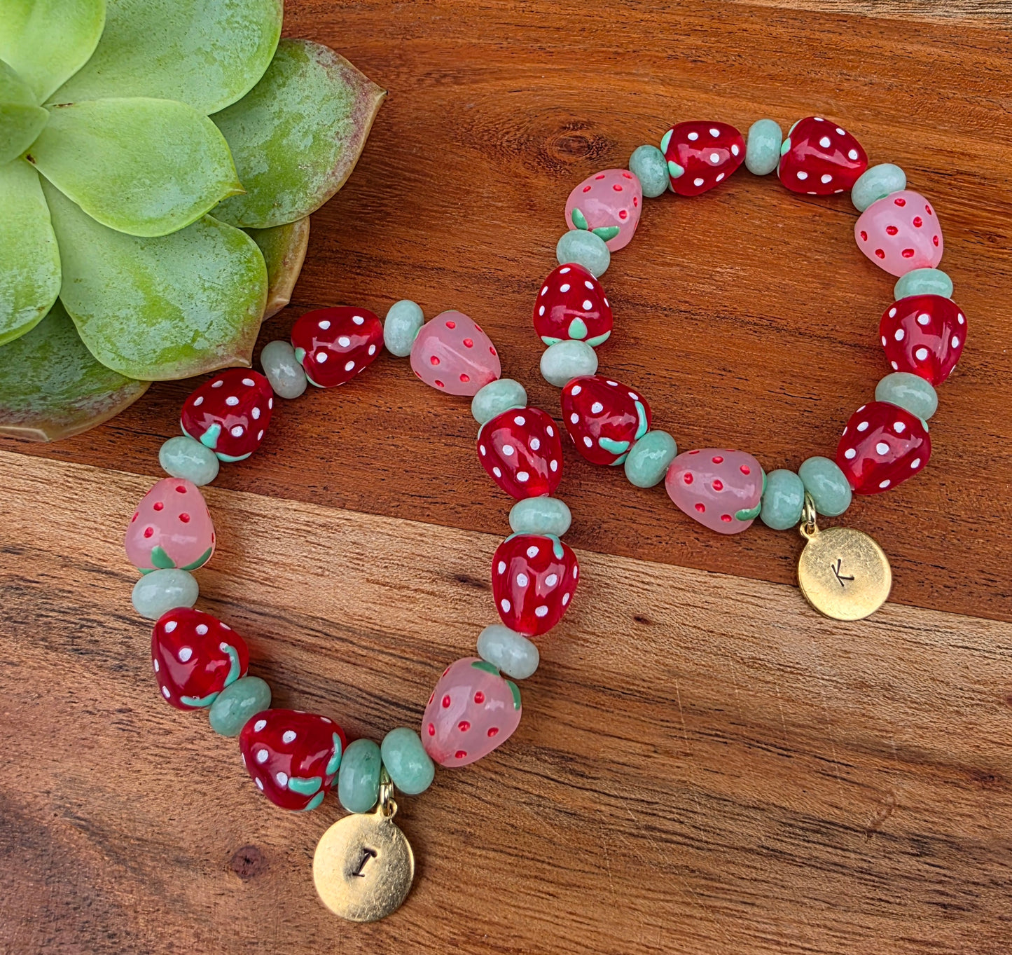 Strawberry Bead Bracelet with Initial Charm