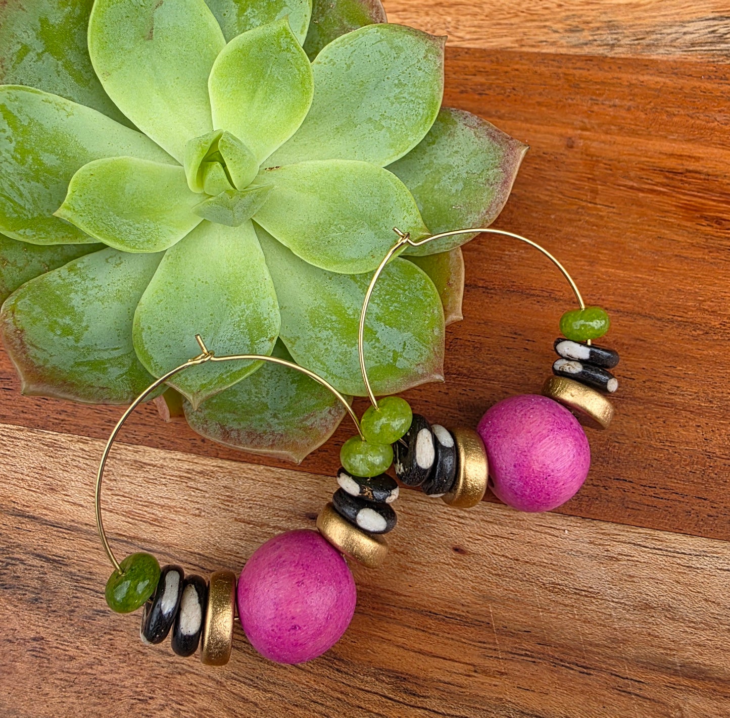 Handmade Fuchsia Pink and Green Earrings and Bracelet Set