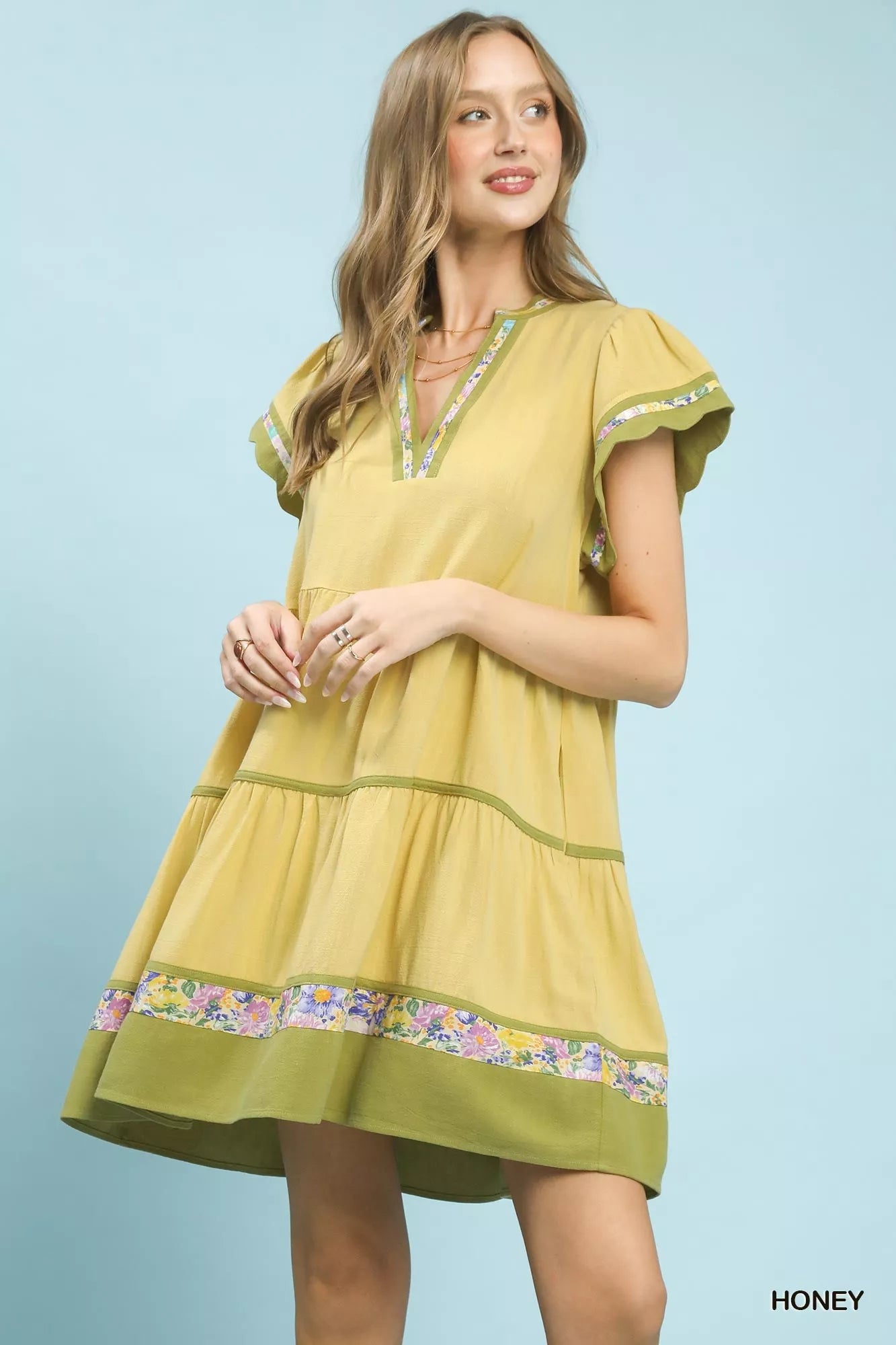 Umgee Linen Tiered Flutter Sleeve Dress with Floral Trim  Boho Fringe