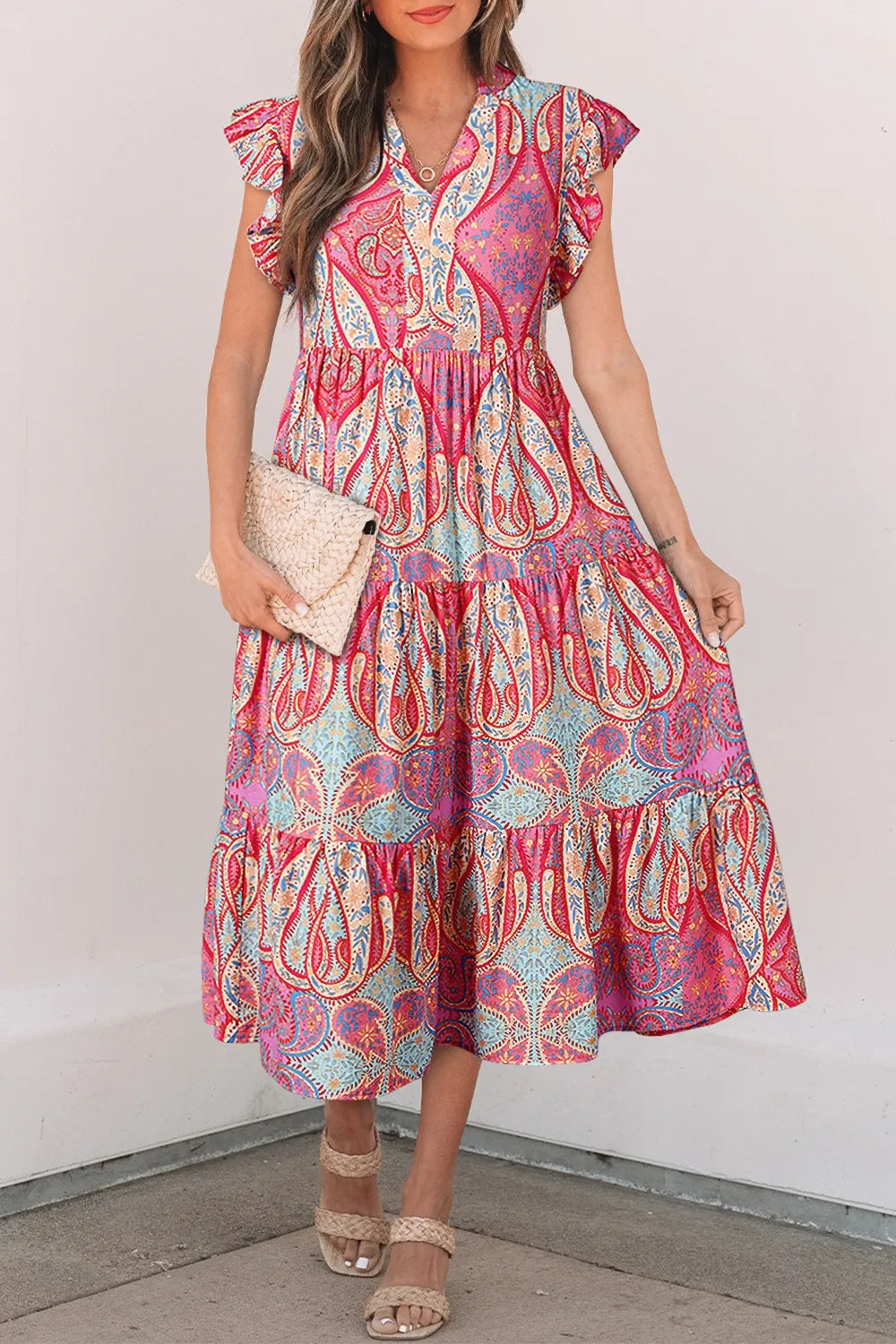 Tribal Paisley Print Ruffled Sleeve Notch Neck Midi Dress  Boho Fringe