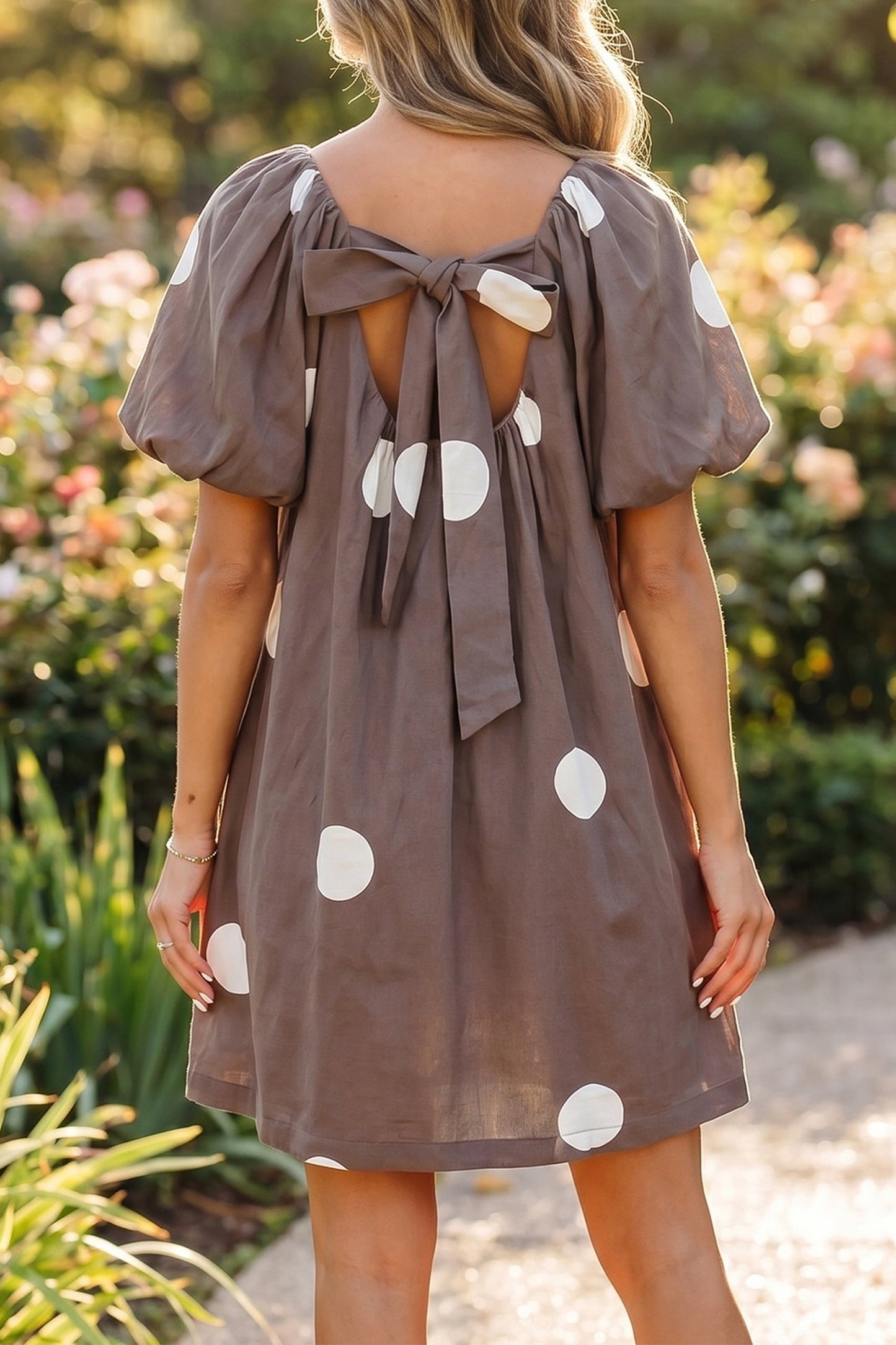 Polka Dot Bow Tie Back Puff Sleeve Mini Dress