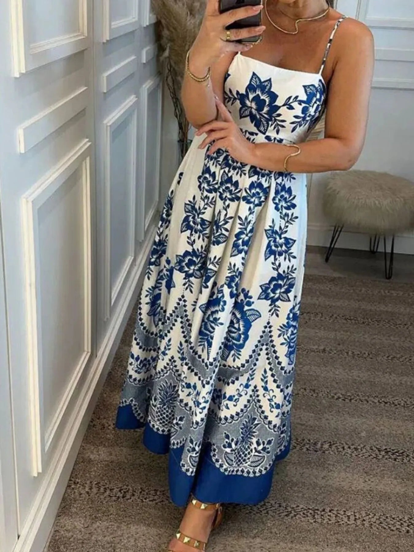 Printed Spaghetti Strap Maxi Dress Boho Fringe Printed Spaghetti Strap Maxi Dress Boho Fringe