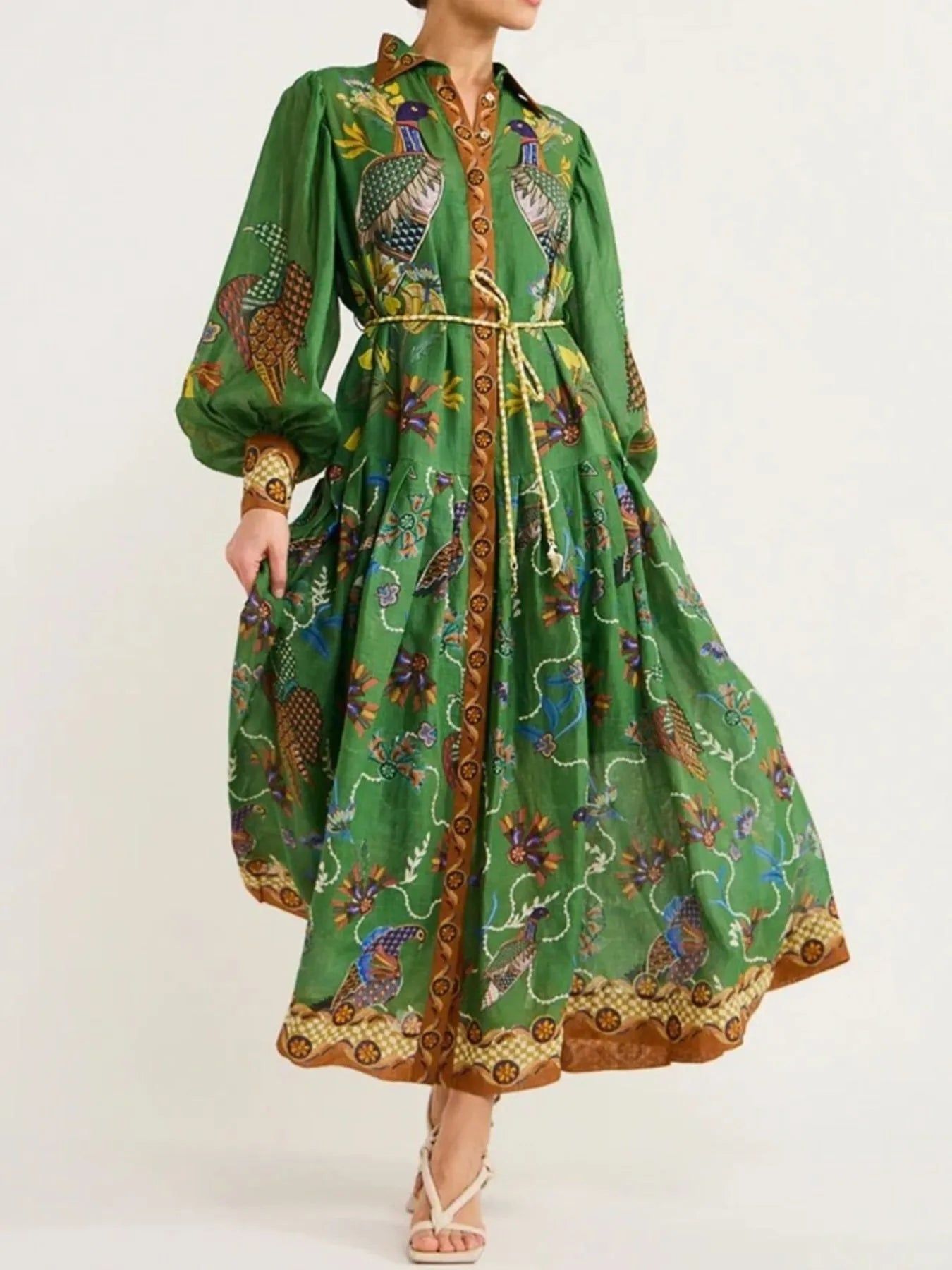 Printed Lantern Sleeve Maxi Shirt Dress – Boho Fringe