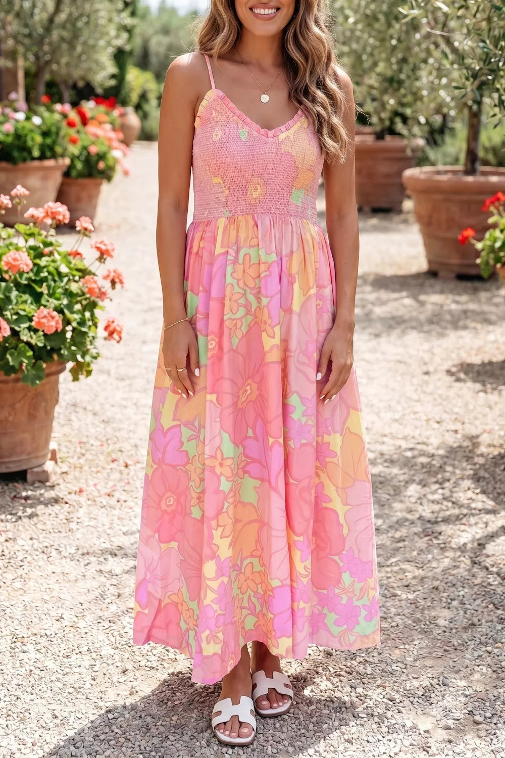 Spaghetti Straps Floral Shirred High Waist Dress – Boho Fringe