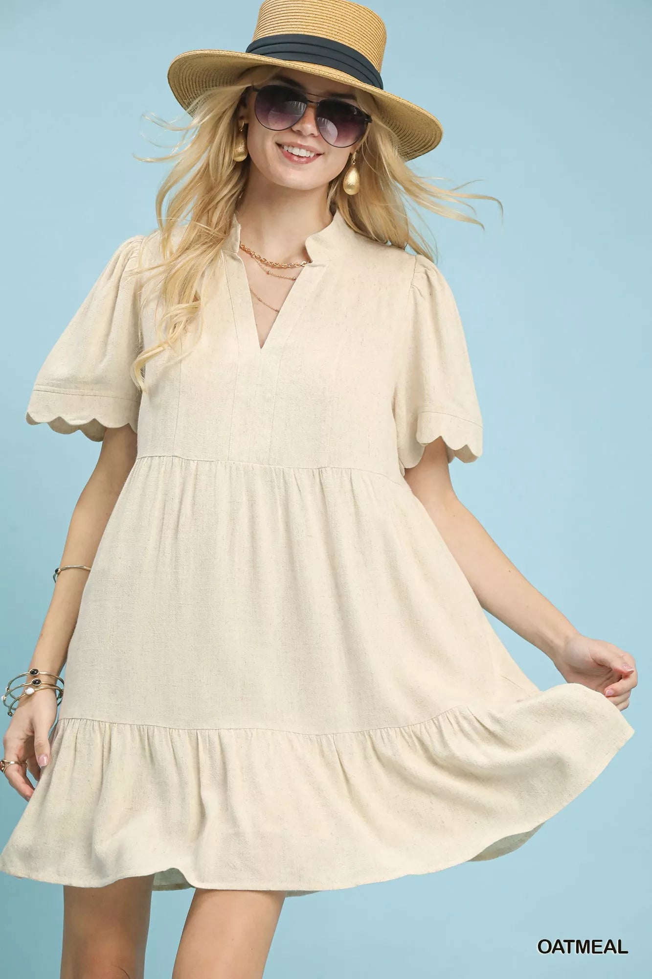 boho babydoll dress Umgee Linen Tiered Babydoll Dress with Scalloped Sleeves – Boho Fringe