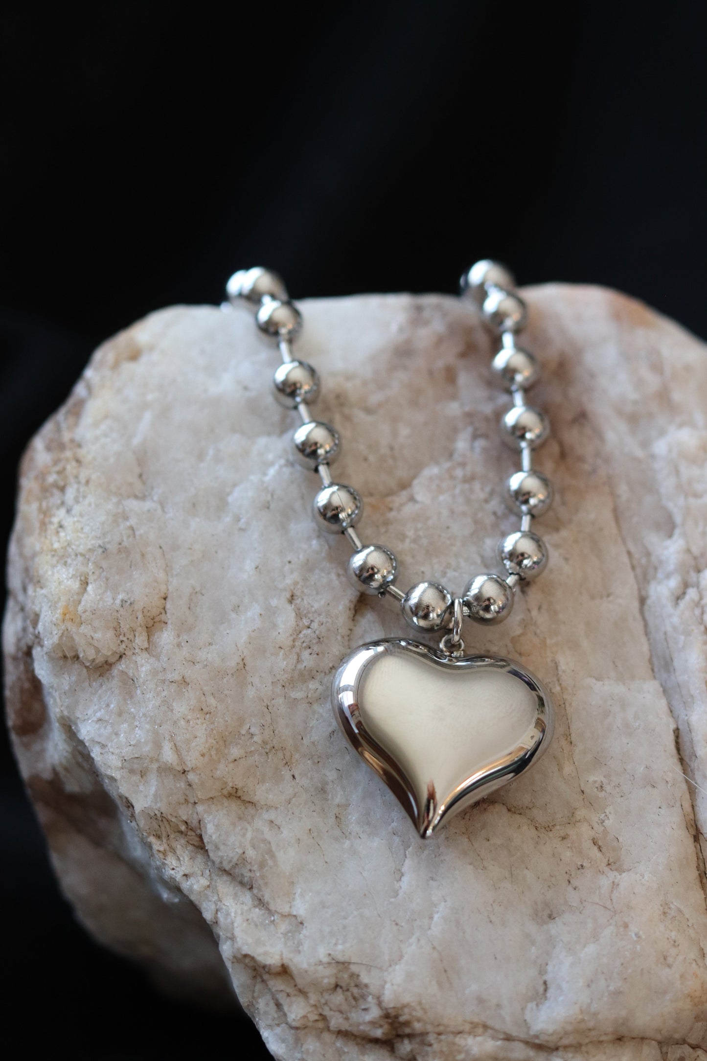Silver Harlow Chunky Heart Ball Chain Necklace – 18K Gold Plated Stainless Steel Pendant