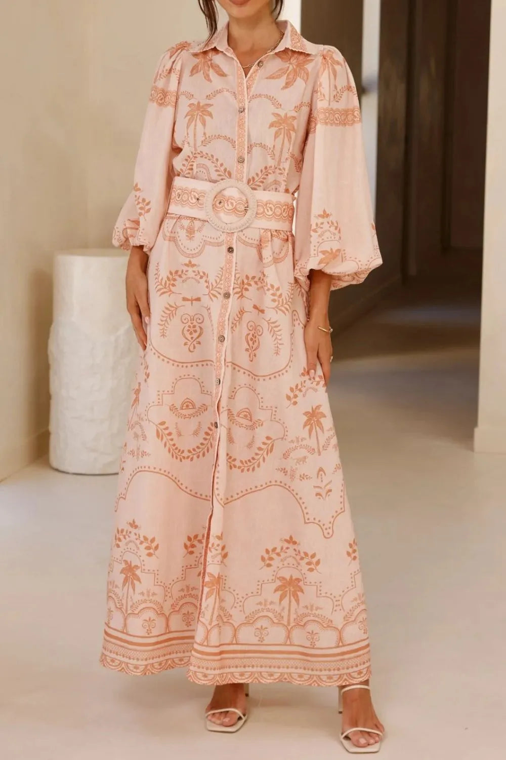 Printed Balloon Sleeve Maxi Shirt Dress  Boho Fringe