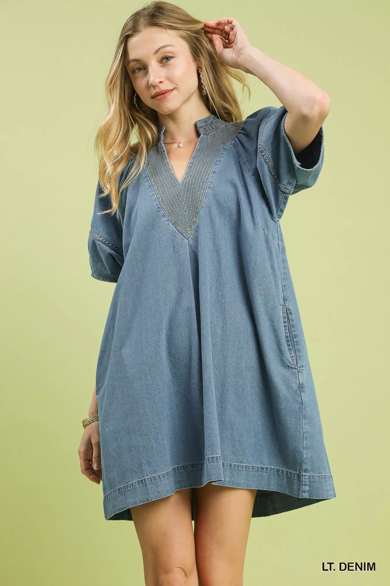 Umgee Denim Mini Dress with Contrast Thread – Boho Fringe
