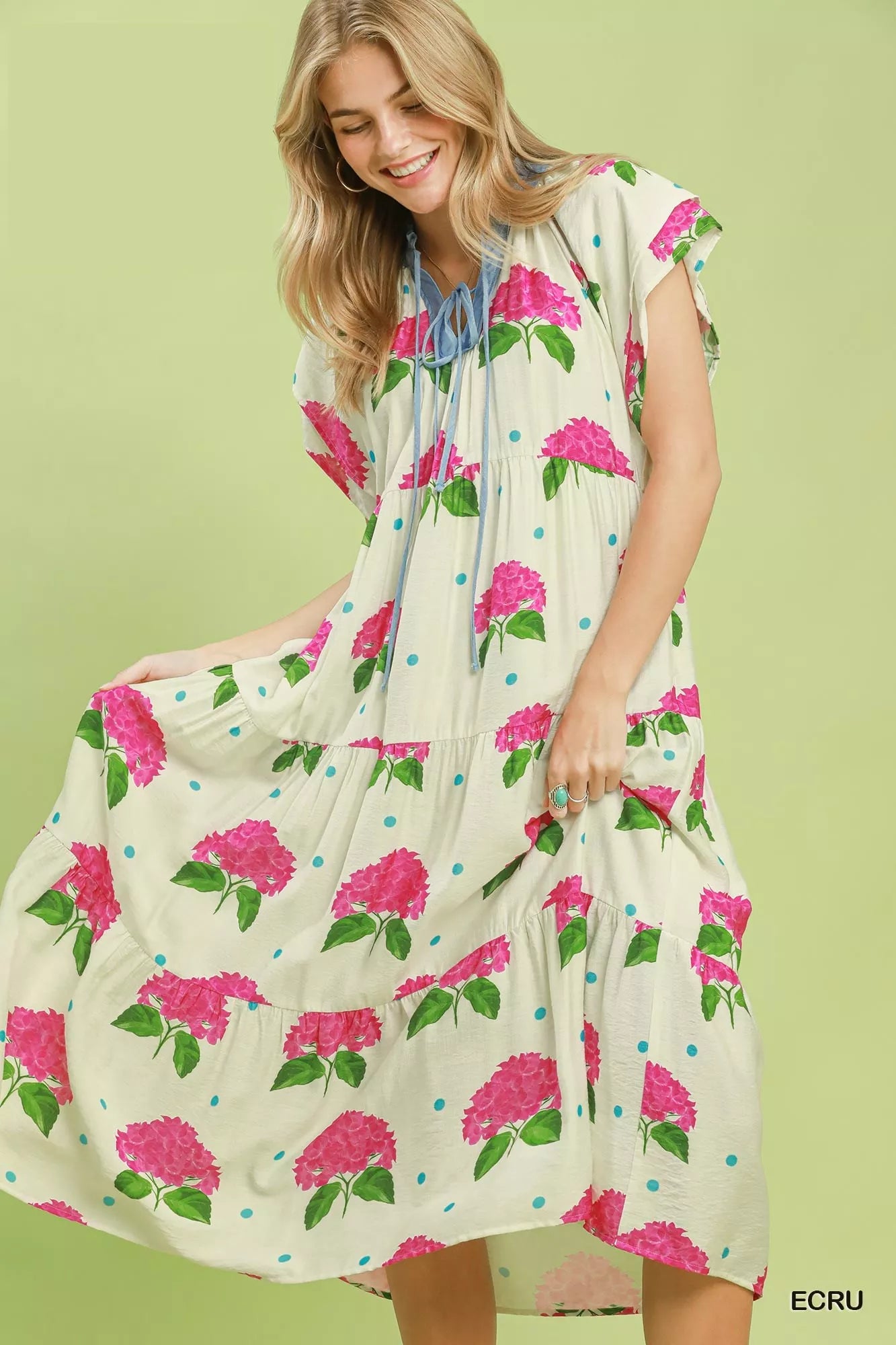 Umgee Hydrangea Print Tiered Midi Dress Boho Fringe Umgee Hydrangea Print Tiered Midi Dress Boho Fringe