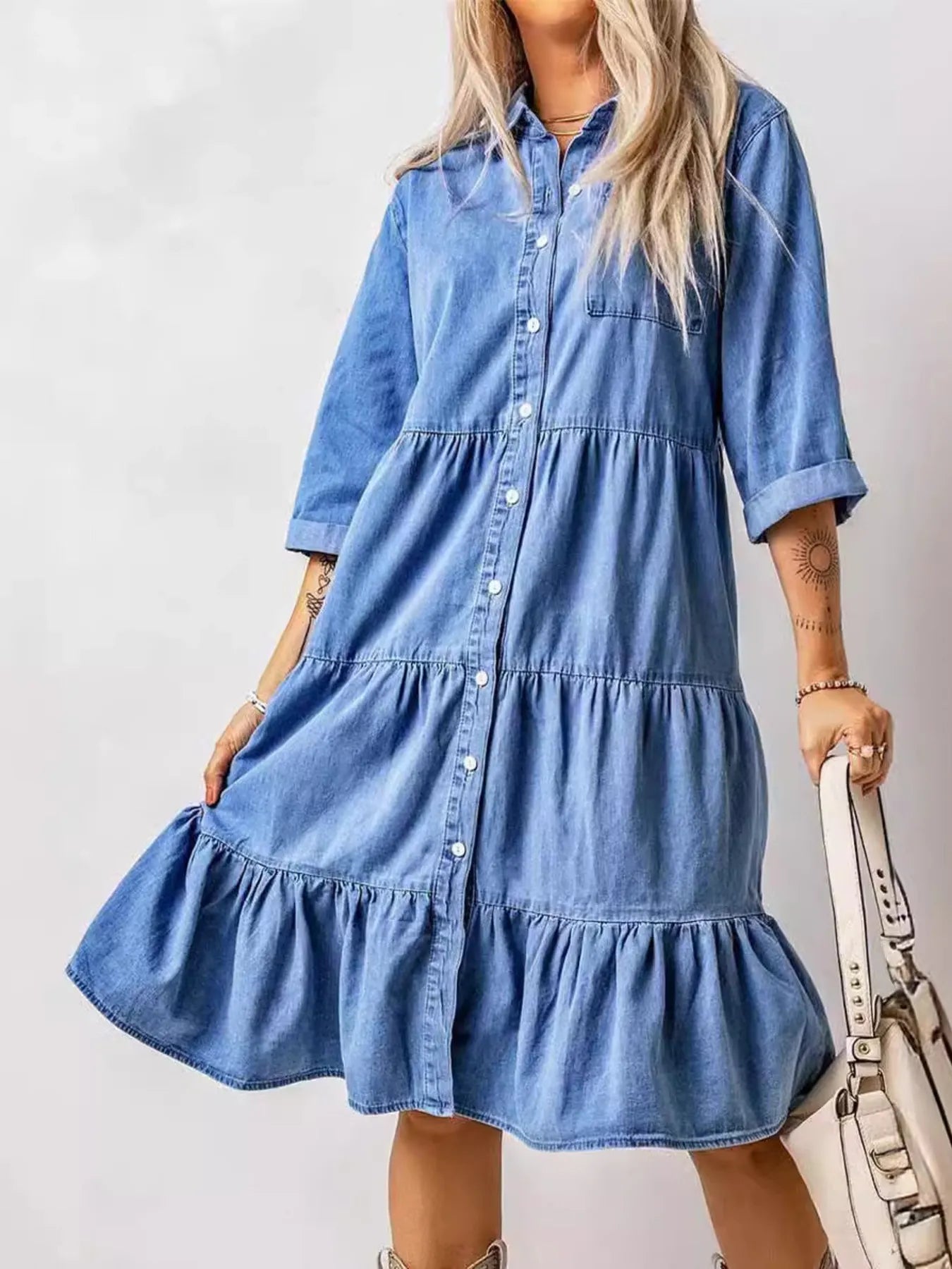 Ruffled Hem Button Up Denim Midi Dress Plus Size – Boho Fringe