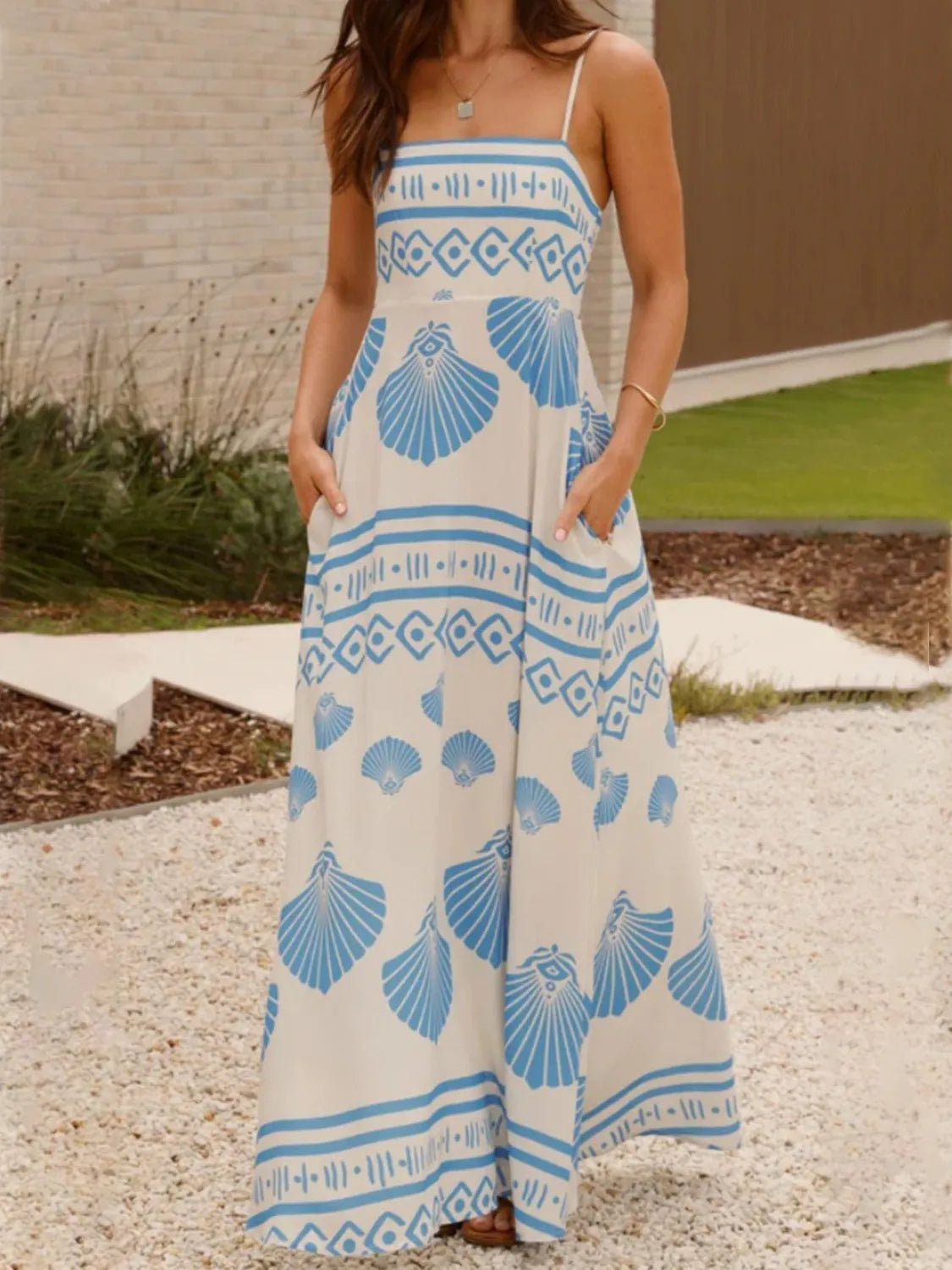 blue dress for baby girl Seashell Print Spaghetti Strap Maxi Dress – Boho Fringe
