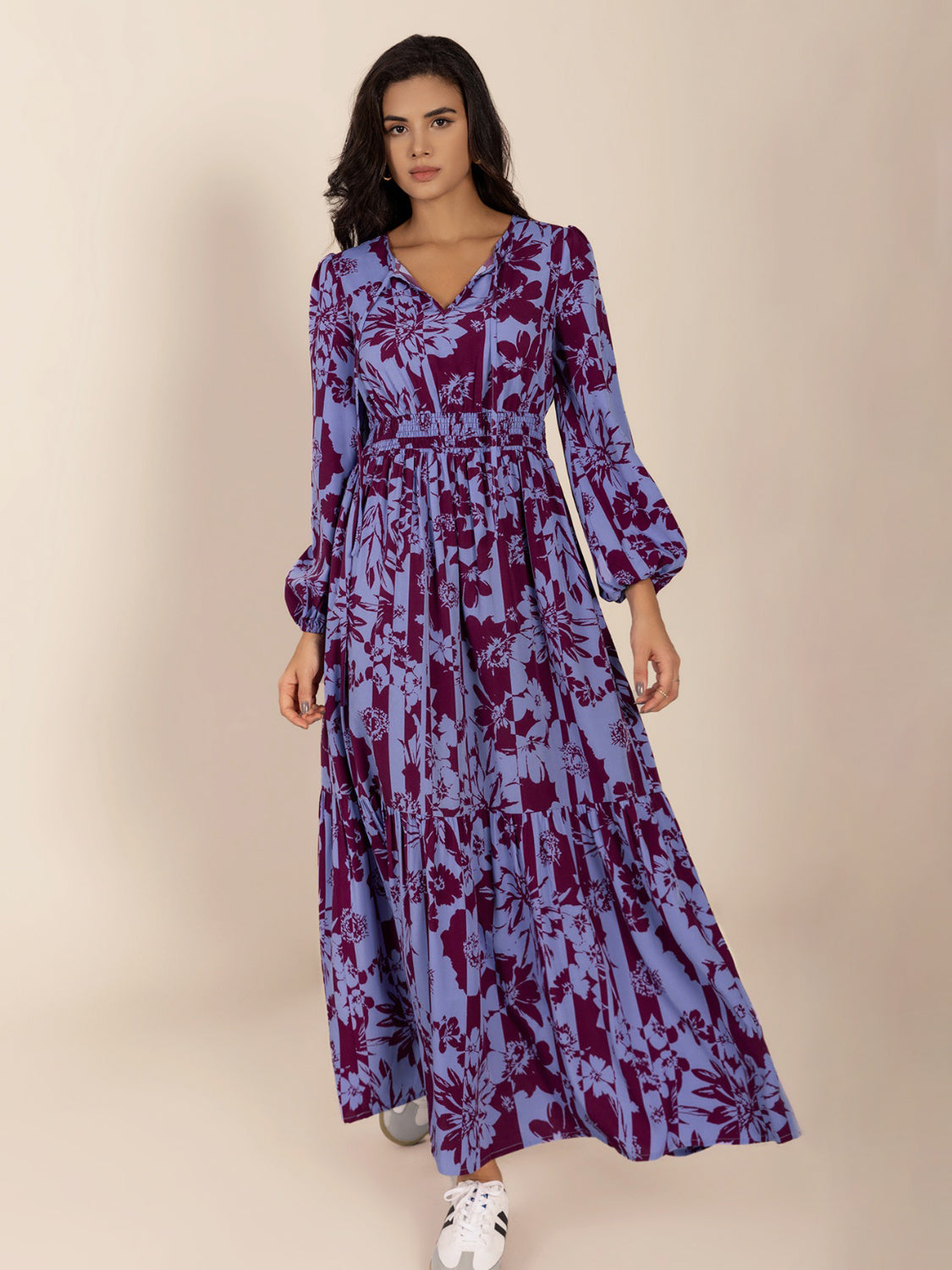 balloon sleeve maxi dress Printed Tie Neck Balloon Sleeve Maxi Dress – Boho Fringe