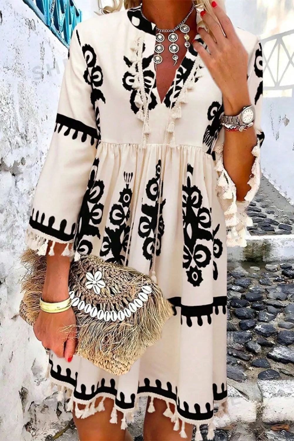 Tassel Printed Three-Quarter Sleeve Mini Dress – Boho Fringe