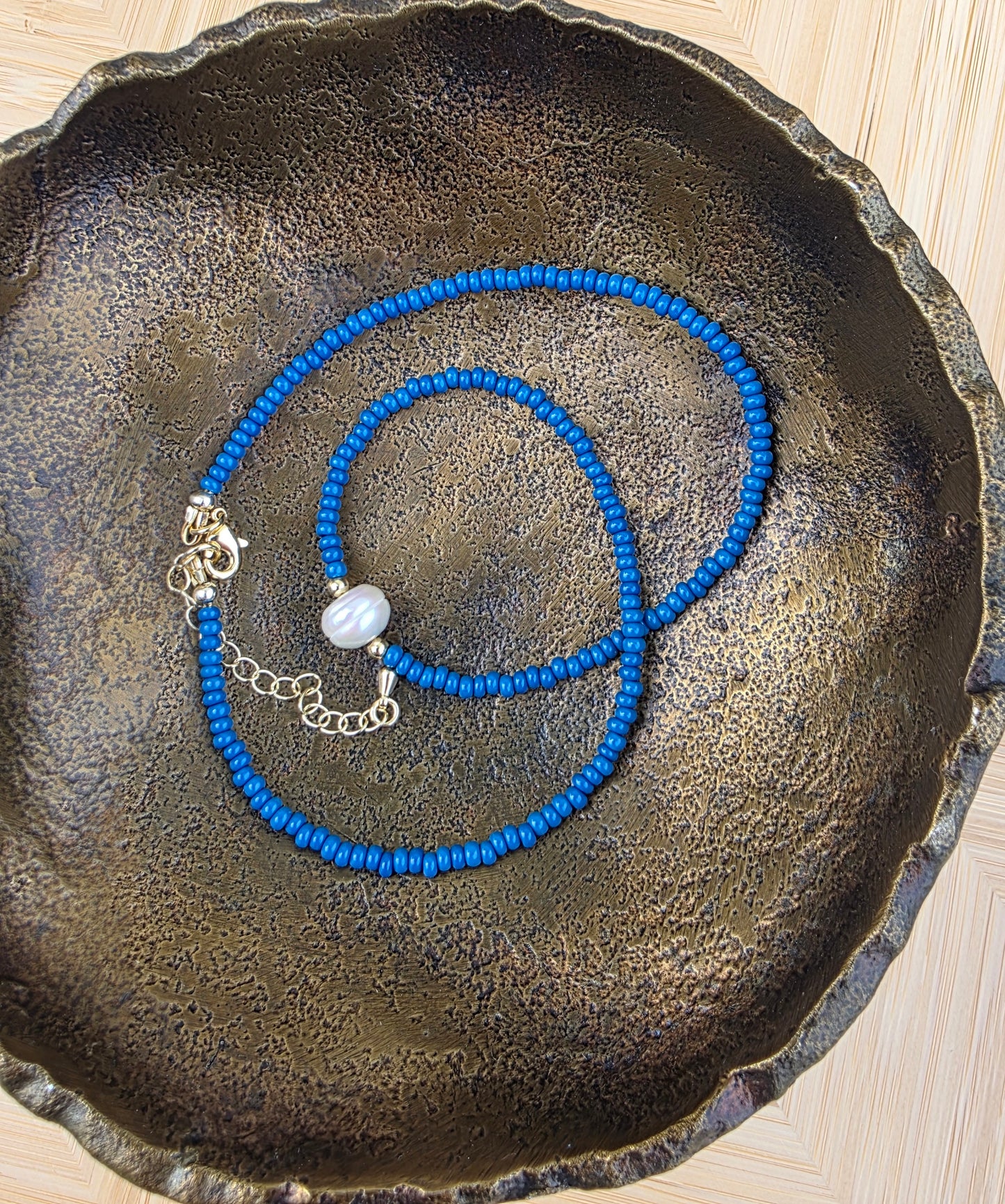Handmade Blue Glass Seed Bead and Pearl Accent Necklace