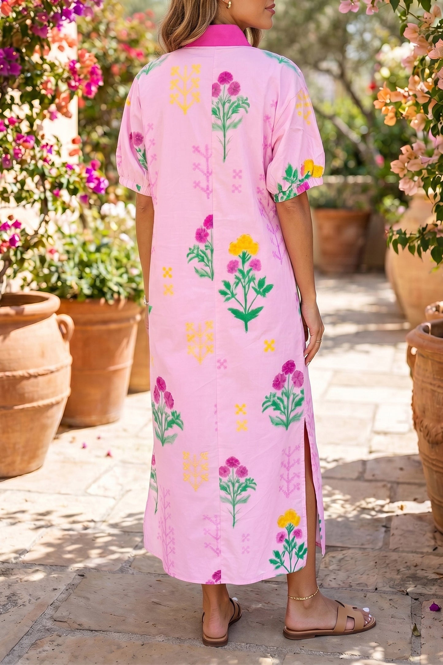 Floral Colorblock Trim V-Neck Midi Dress