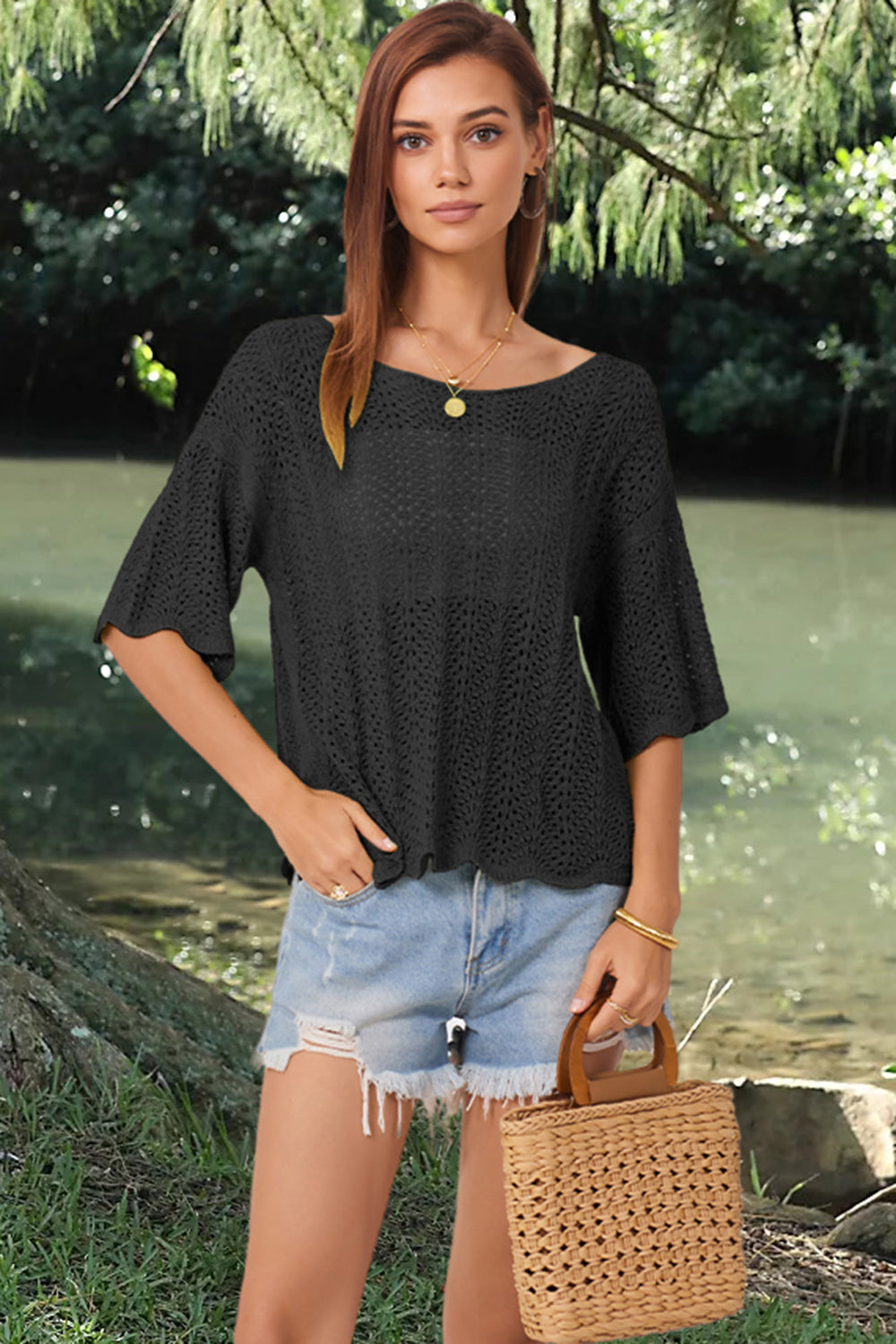 Openwork Round Neck Half Sleeve Knit Top