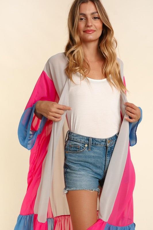 Color Block Kimono Maxi Open Oversized Cardigan