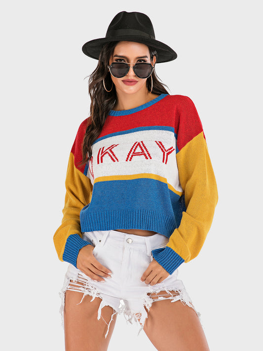 Perfee OKAY Contrast Dropped Shoulder Long Sleeve Sweater