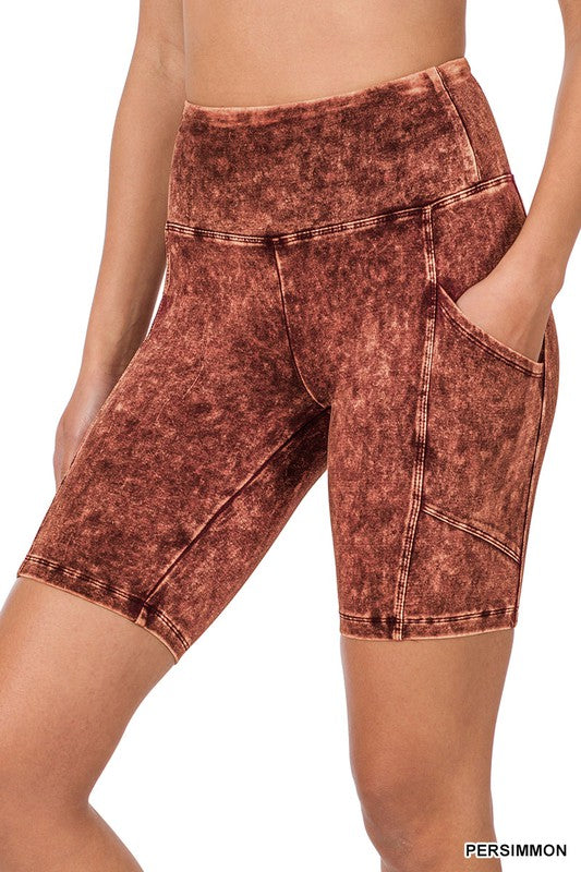 MINERAL WASH WIDE WAISTBAND POCKET BIKE SHORTS