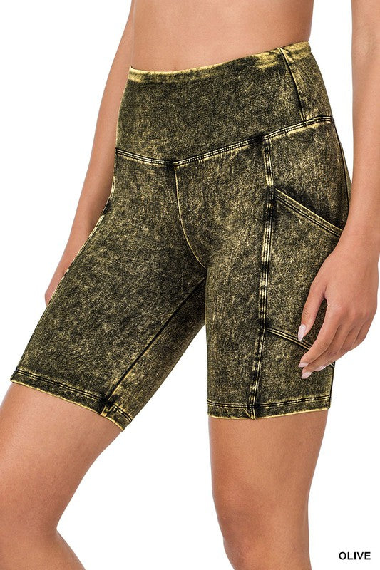 MINERAL WASH WIDE WAISTBAND POCKET BIKE SHORTS