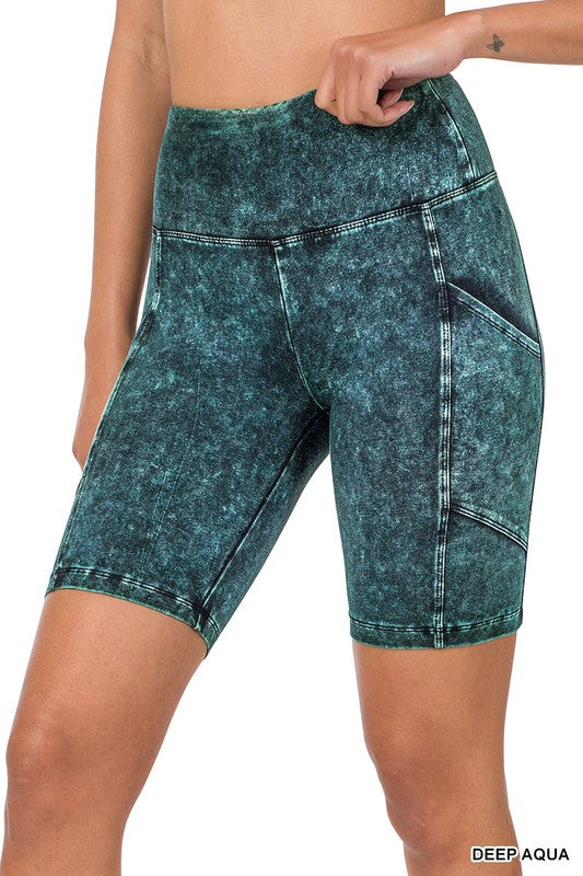 MINERAL WASH WIDE WAISTBAND POCKET BIKE SHORTS