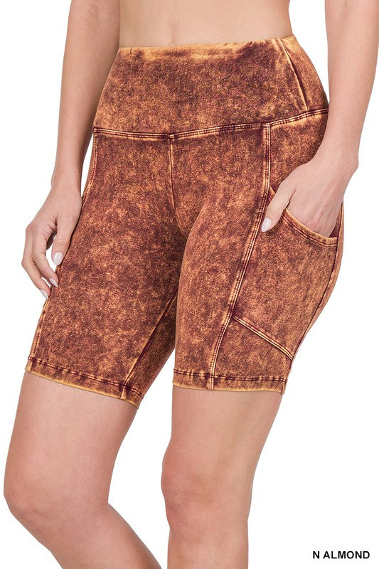 MINERAL WASH WIDE WAISTBAND POCKET BIKE SHORTS