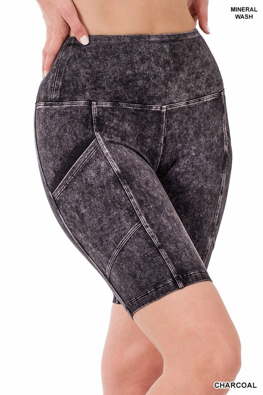 MINERAL WASH WIDE WAISTBAND POCKET BIKE SHORTS