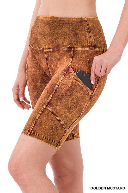 MINERAL WASH WIDE WAISTBAND POCKET BIKE SHORTS