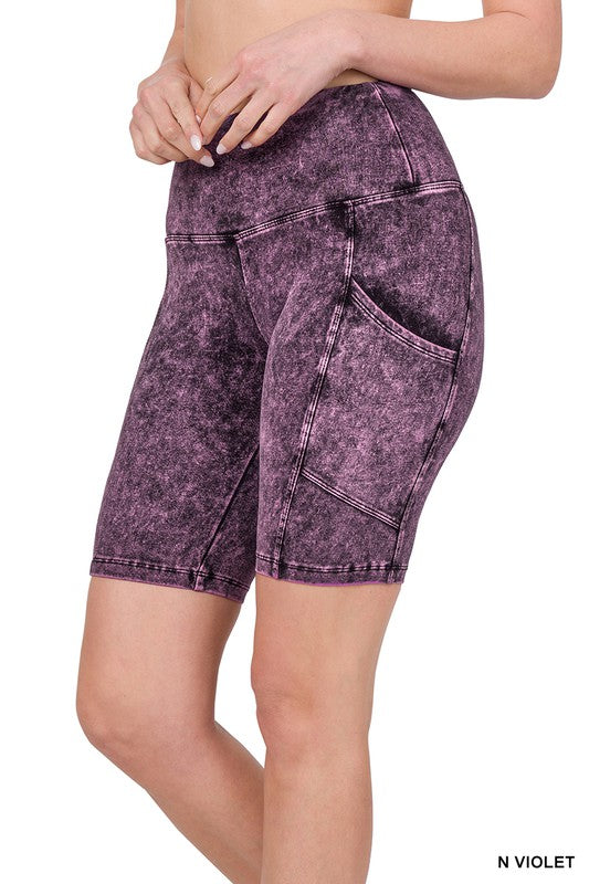 MINERAL WASH WIDE WAISTBAND POCKET BIKE SHORTS