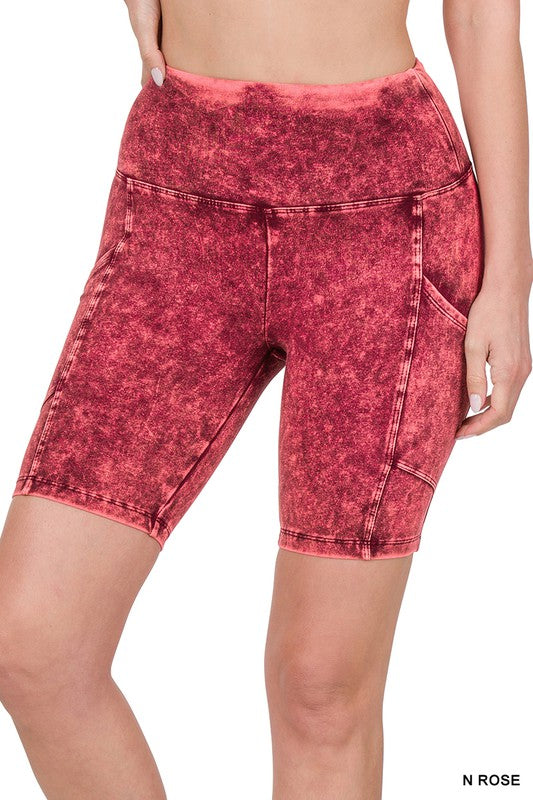 MINERAL WASH WIDE WAISTBAND POCKET BIKE SHORTS