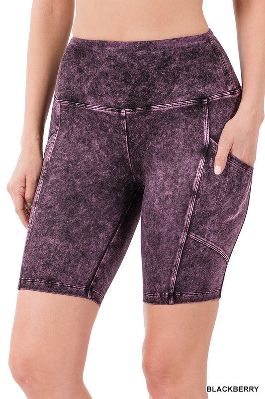 MINERAL WASH WIDE WAISTBAND POCKET BIKE SHORTS