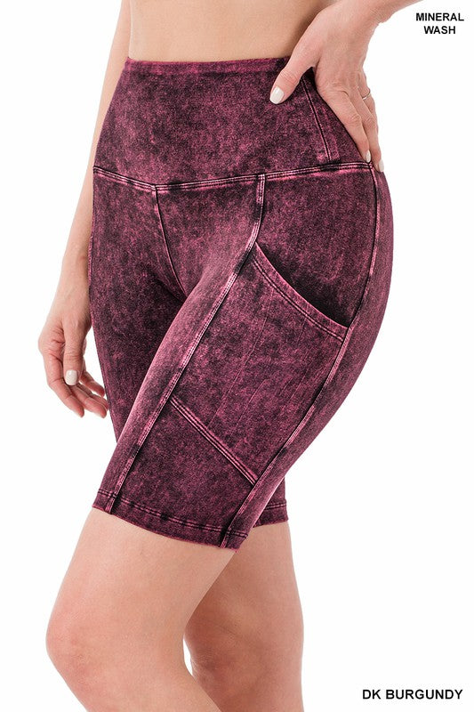 MINERAL WASH WIDE WAISTBAND POCKET BIKE SHORTS