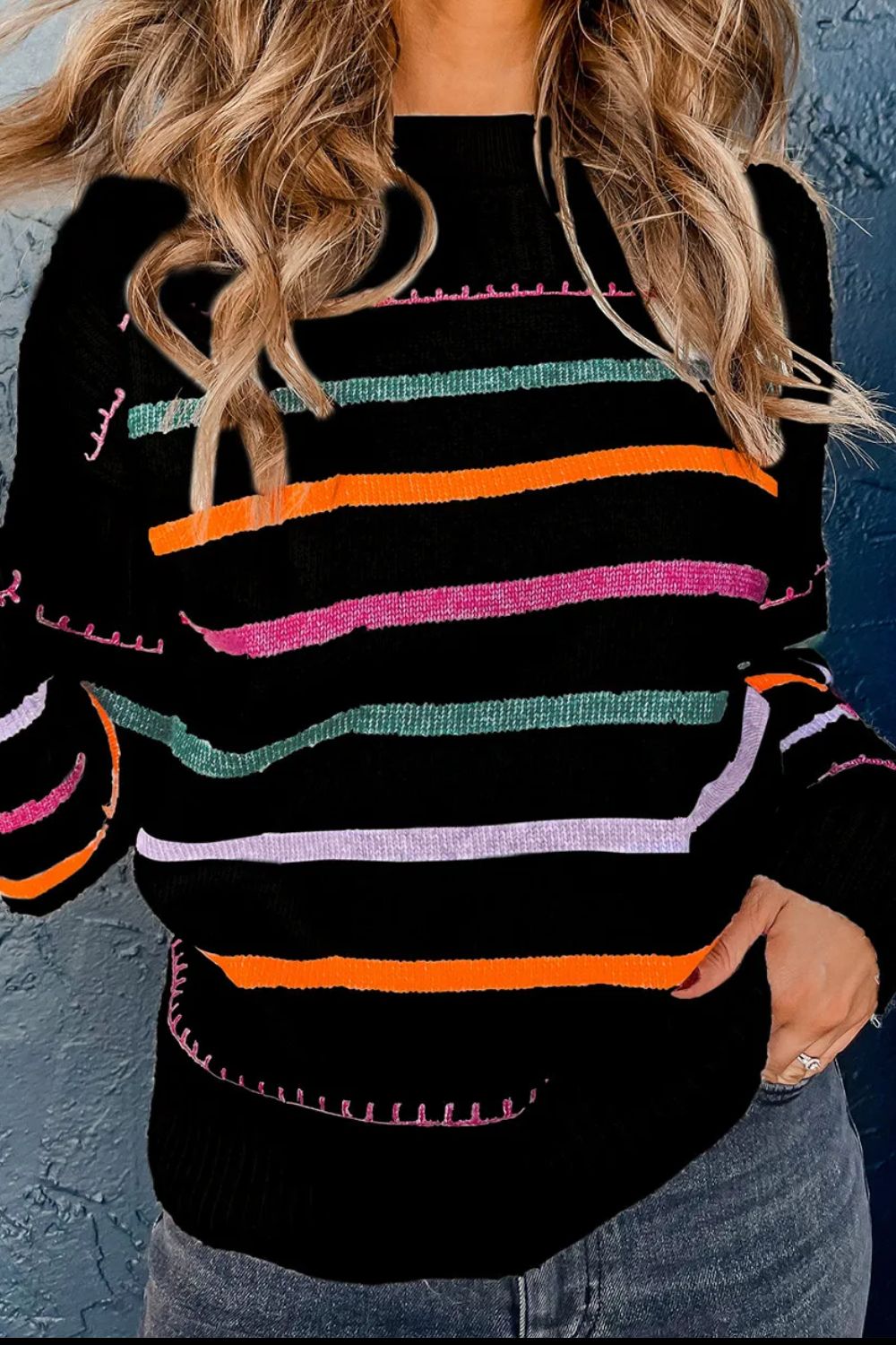 Striped Round Neck Dropped Shoulder Sweater