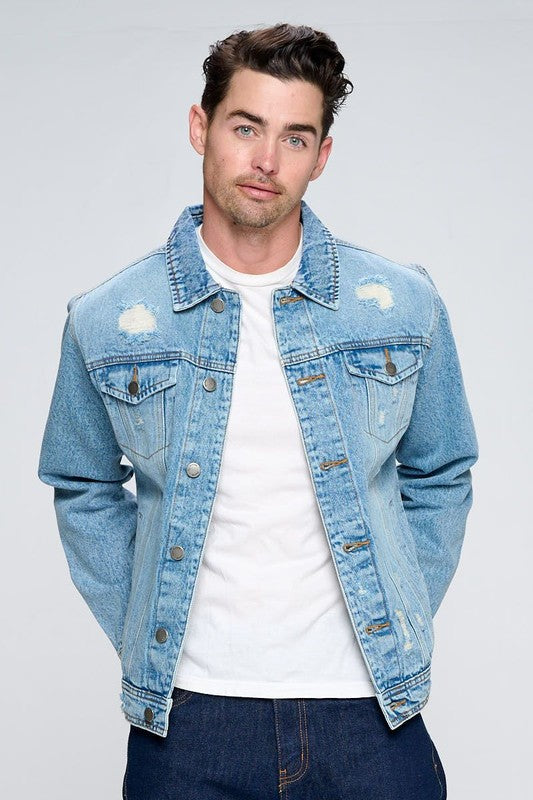 Men's Light Wash Denim Jacket Distressed