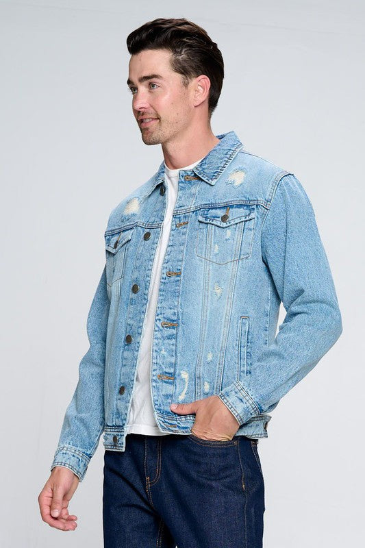 Men's Light Wash Denim Jacket Distressed