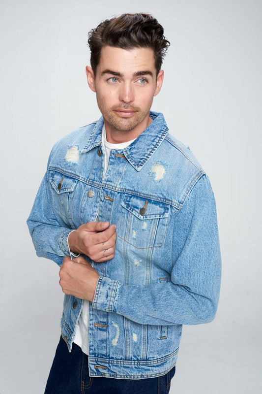 Men's Light Wash Denim Jacket Distressed