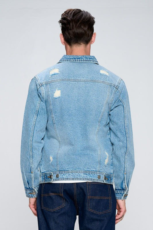 Men's Light Wash Denim Jacket Distressed