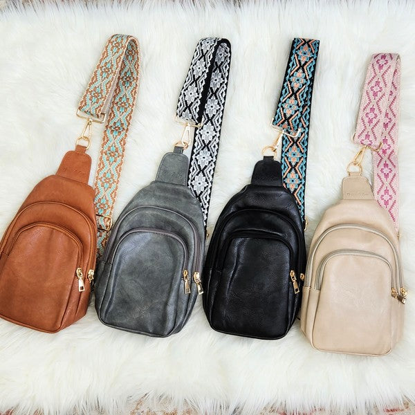 Vegan Leather Pattern Strap Sling Bag