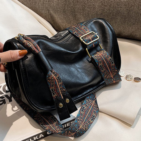 Vegan Leather Ornate Strap Handbag Crossbody