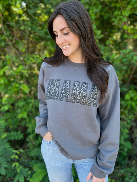 Faux Embroidery Leopard Mama Sweatshirt