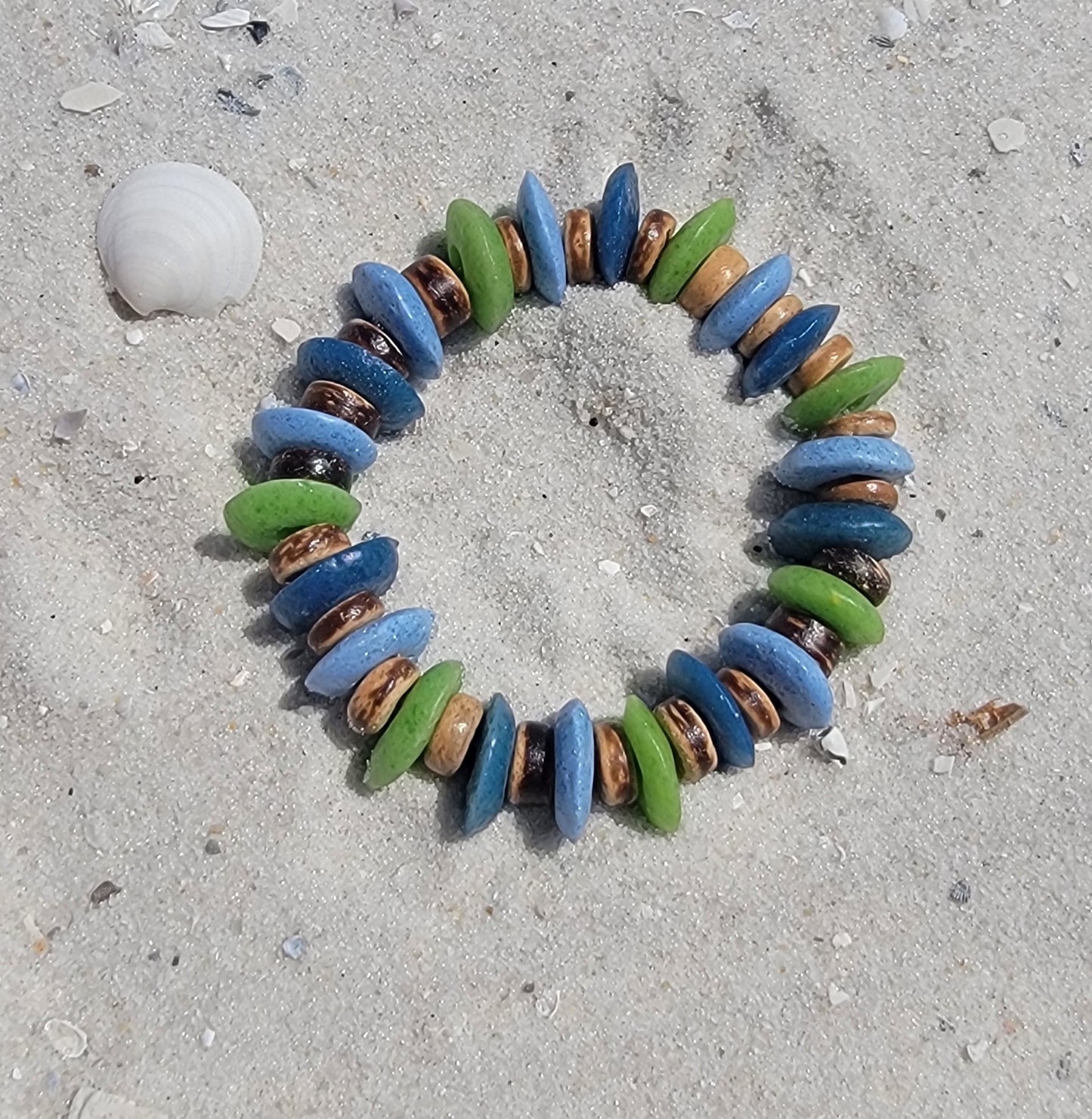 Blue and Green Glass Saucer Bead Bracelet