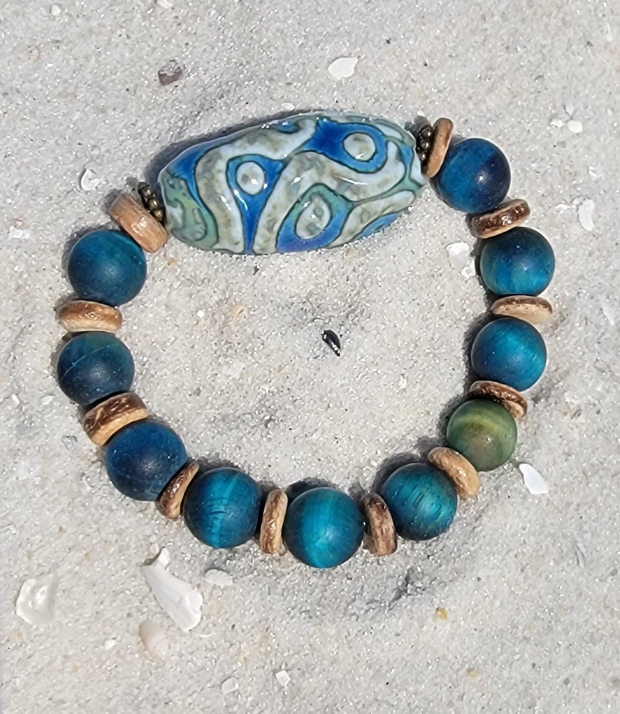 Blue Green Abstract Large Bead Bracelet