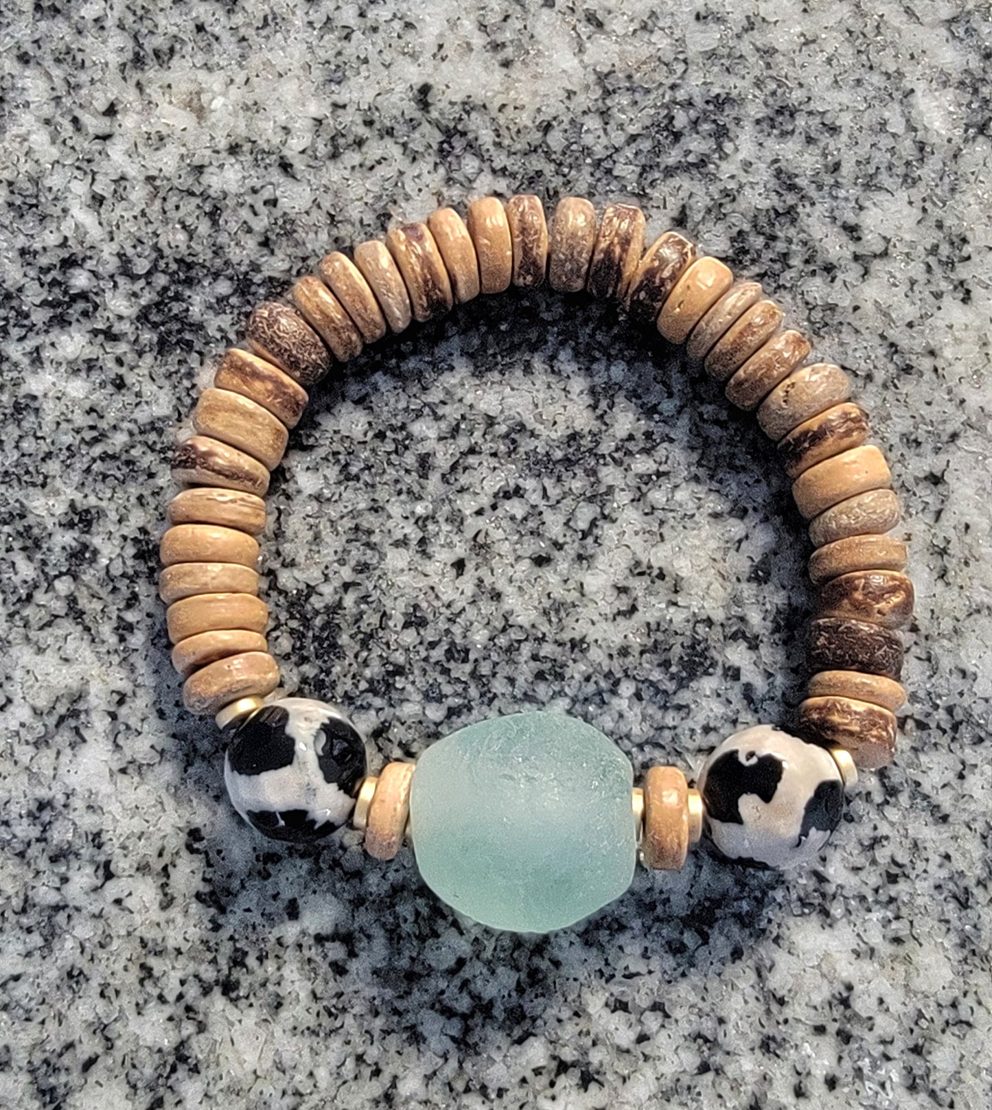 Sea Glass and Coconut Bead Handmade Bracelet