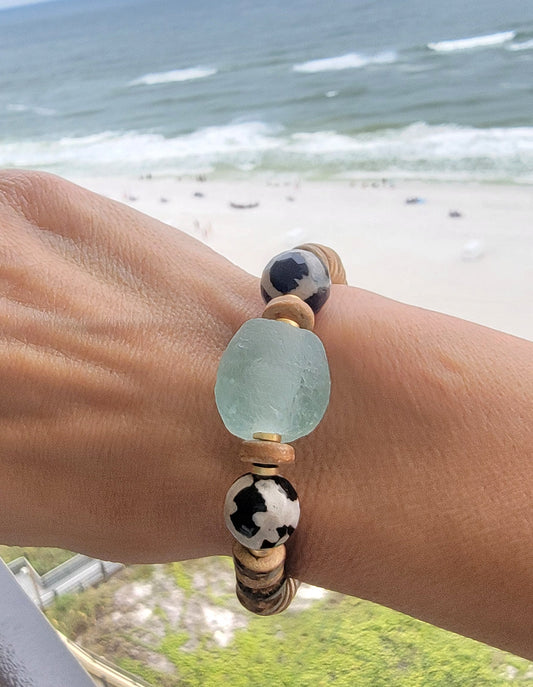 Sea Glass and Coconut Bead Handmade Bracelet