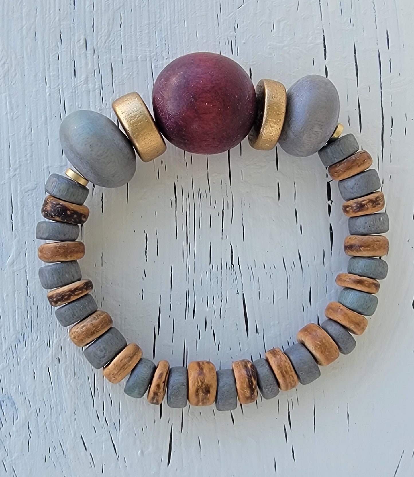 Wooden Gray and Cherry Red Bead Bracelet