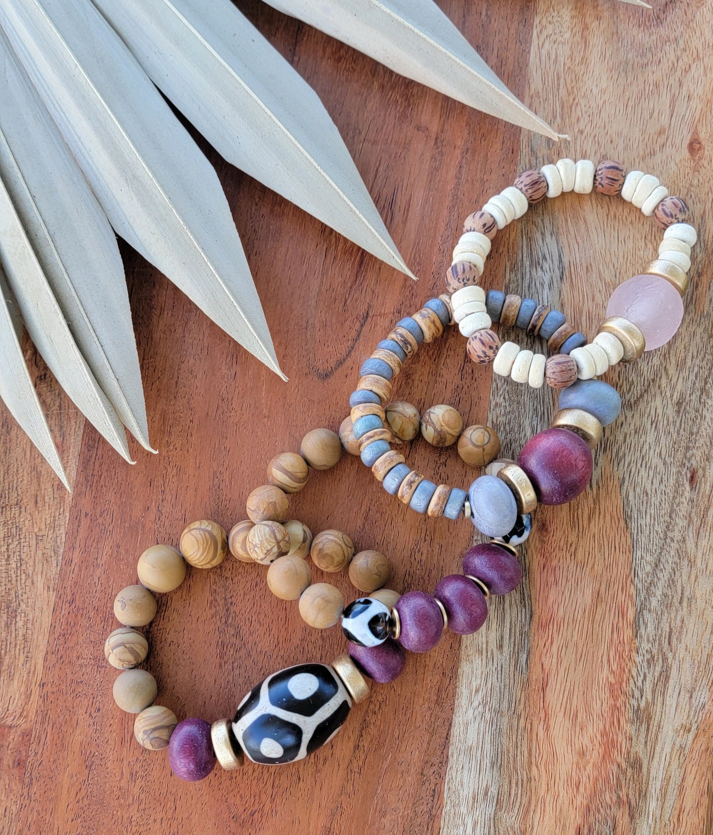 Wooden Magenta and Mix Stone Bracelet