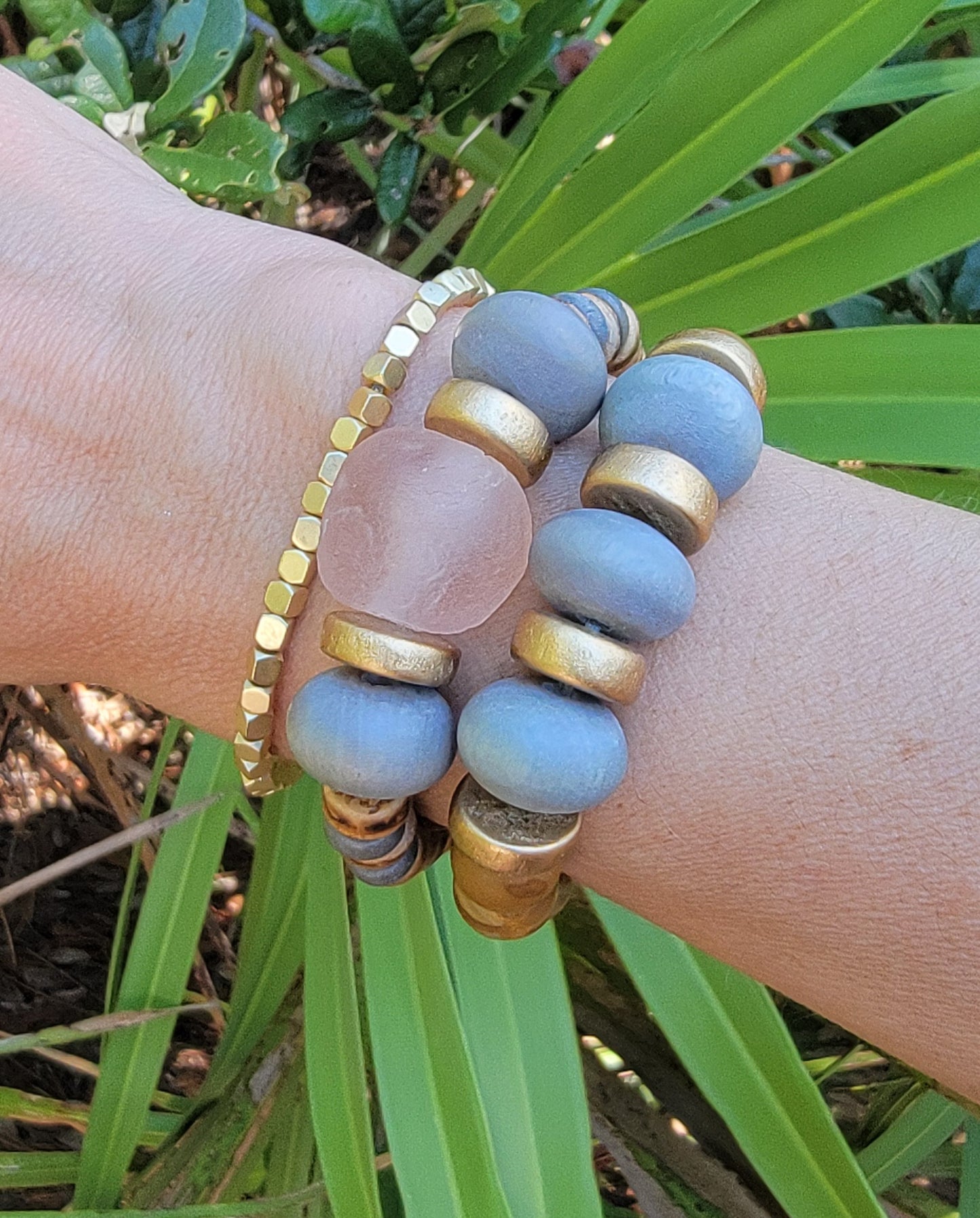 Smokey Gray and Golden Wooden Bead Bracelet