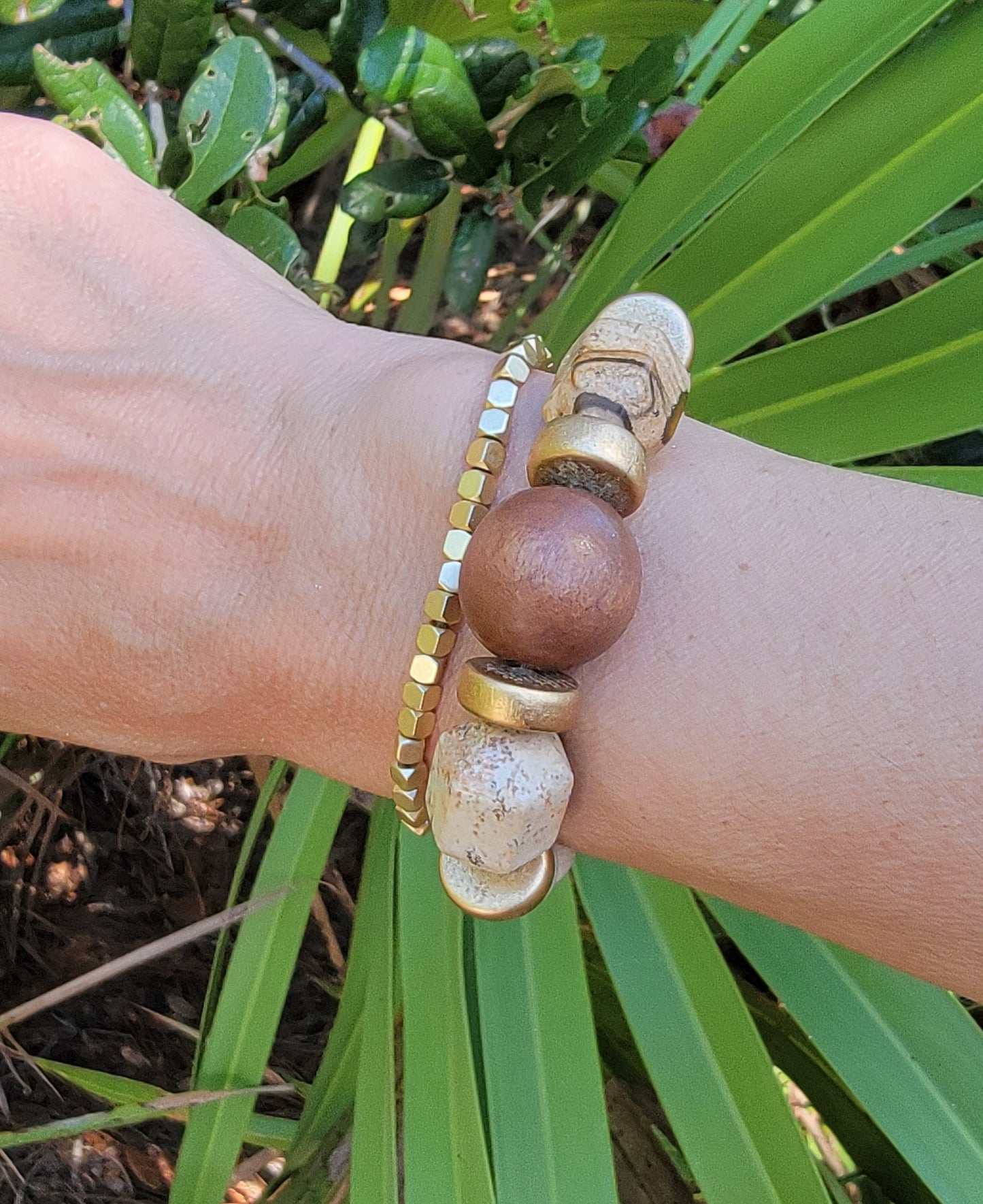 Neutral Stone and Wooden Bead Bracelet